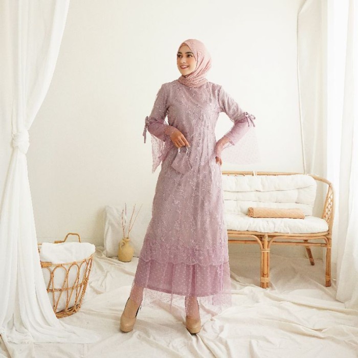 Terlaris Gamis Pesta Syala M L Xl Dress Brukat Tile Wisuda Seragam Ungu Muda Bb
