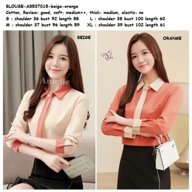 Trend Baju Atasan Kemeja Kerja Wanita Blouse Korea Import Ab537015 Orange Terbaik