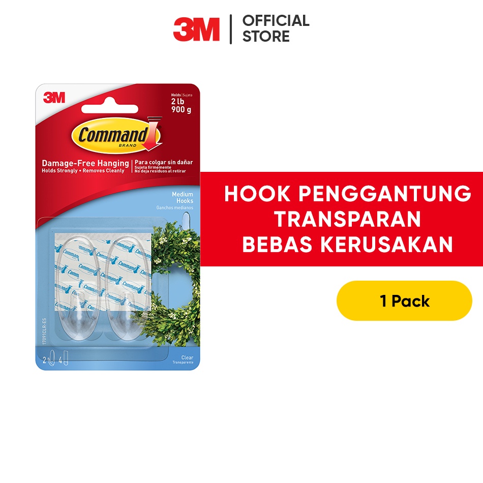 ・ Ut 3M Command Gantungan Berperekat Transparan 17091CLR Ukuran Medium / Maks 900g / 2 Hook + 2 Stri