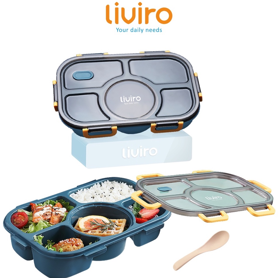 STOK TERBATAS. liviro Kotak Makan Lunchbox Tempat Makan Degen 5 Grid 1400 ml Kapasitas Besar Anti Tu