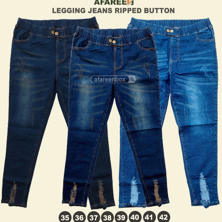 BEST SELLER. AFAREEN - Celana Jeans Wanita Ripped Whisker Legging Jeans Ripped Button Melar Pinggang