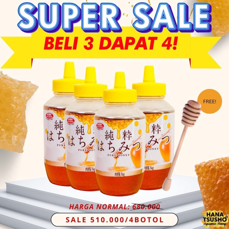 

BISA COD Paket Hemat Beli 3 GRATIS 1 Madu Murni Jepang HanaTsusho 1 KG (CHECKOUT 4 BOTOL UNTUK BUY 3 FREE 1)