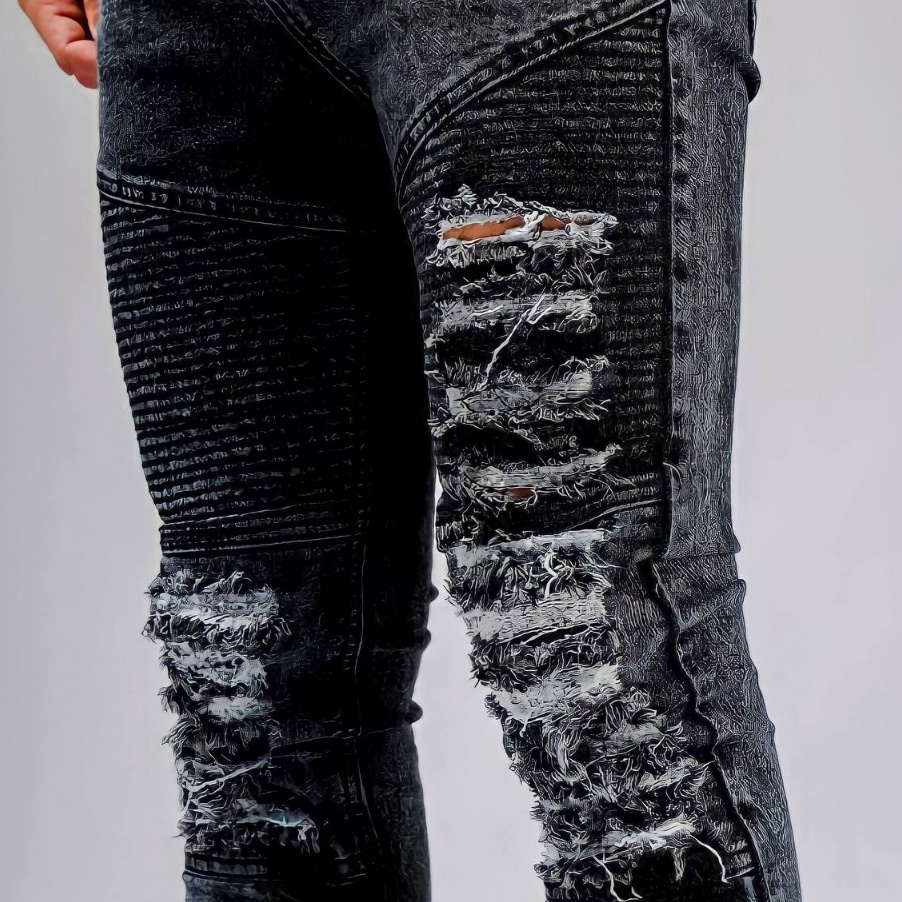 ★vea✧ Bikers Rider Ripped - Celana Jeans Pria Sobek Lutut Ripped - Jeans Celana Panjang Hitam Pria S