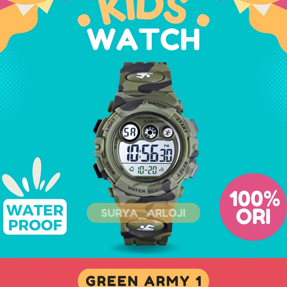 IDH862 Jam tangan digital anak anak tahan air warna green army LED jam tangan digital anak anak laki