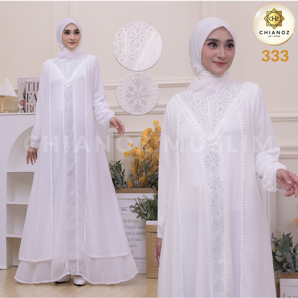 CHIANOZ Gamis Putih Mewah Luna Dress Brukat Renda Baju Lebaran Umroh Haji Manasik Pesta Akad 333 334