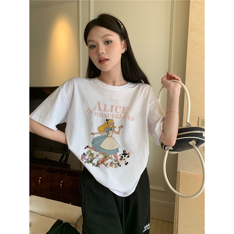 XiaoZhaiNv Kaos Atasan Wanita Alice In Wonderland Pattern Lengan Pendek A0912