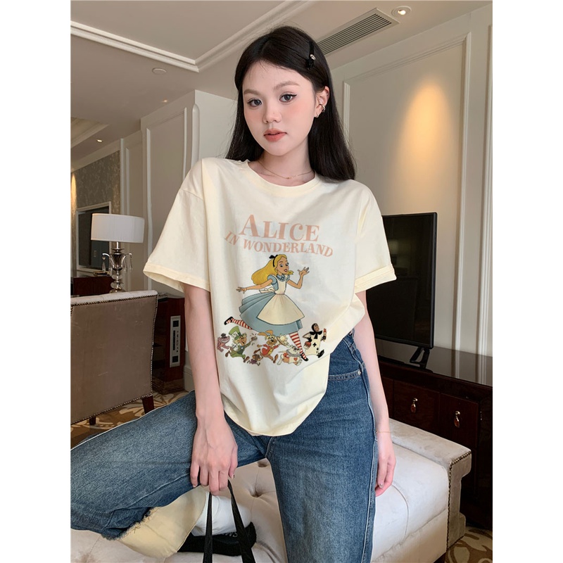 XiaoZhaiNv Kaos Atasan Wanita Alice In Wonderland Pattern Lengan Pendek A0912