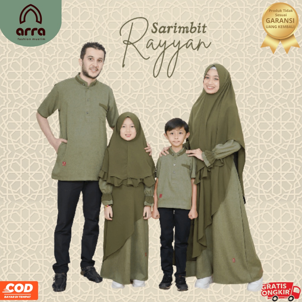 rra Rayyan Set Sarimbit Keluarga (Gamis, Koko dan Jilbab) Warna Hijau Army Bahan Katun Madina Premiu