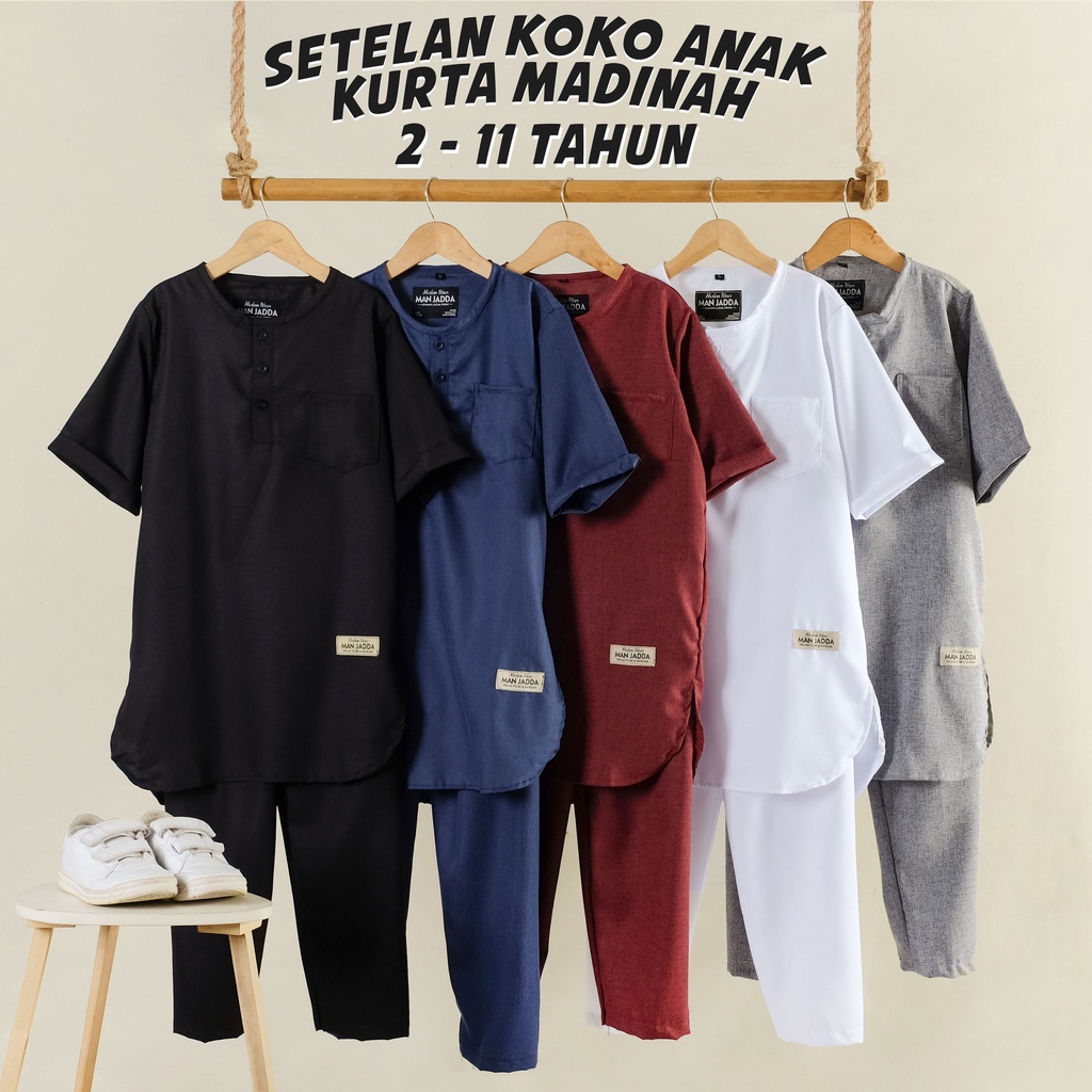 ManJadda - Setelan Koko Anak 2-11 Tahun Kurta Adam Manasik Jubah Polos Anak Setelan Baju Lebaran