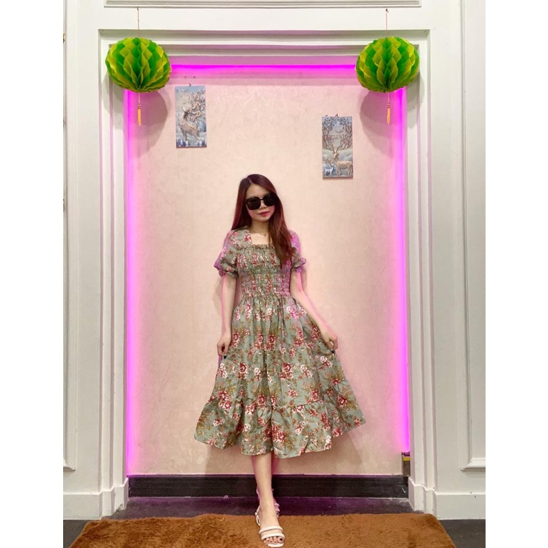 RD FASHION - SMOCKED DRESS / Gaun musim panas kasual baru Lengan pendek smocked dress lipit bunga dengan dasi belakang / gaun kasual A-line gaun smocked berlipat bunga lengan pendek-HIJAU MTF CHUYA
