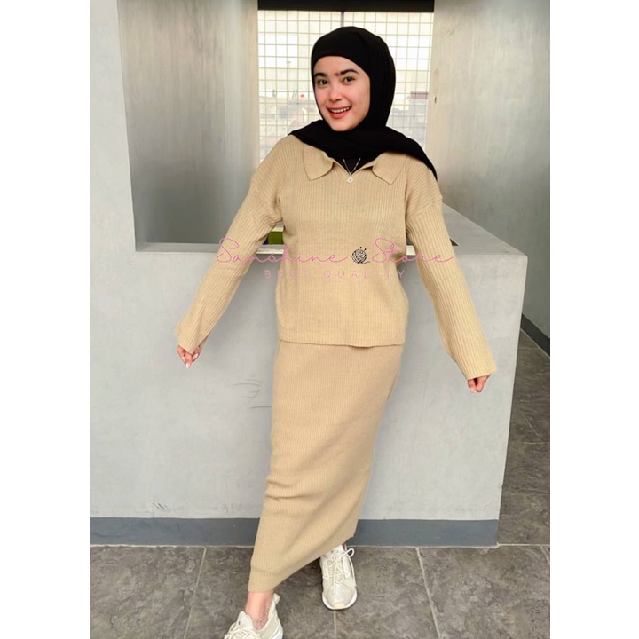 One Set Setelan Rok Span Rajut Dan Atasan Polo Rajut Wanita Fit To XL