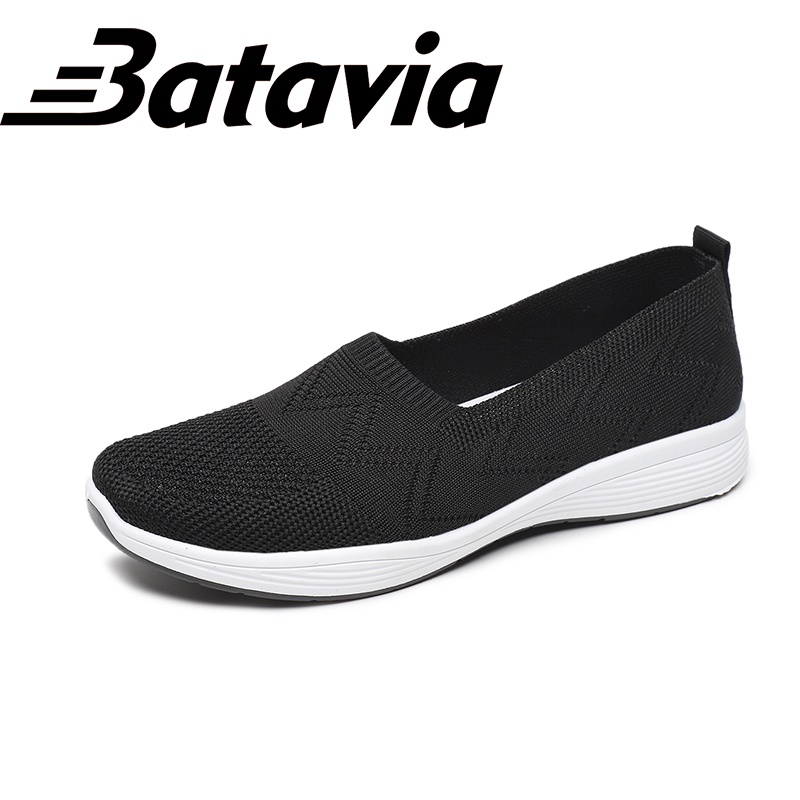 Batavia 2023 Baru Wanita Sepatu Kasual Sepatu Rajut Bernapas Lembut Non-Slip Tahan Aus Sepatu Ibu Bekerja Hitam Slip-On Sepatu Sepatu Pesta A164