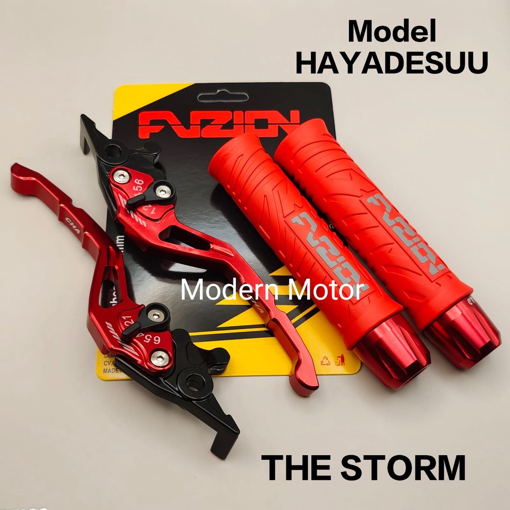 Paket 3in1 Model Hayaidesuu THE STORM / Handgrip FUZION + Jalu stang cnc + handle stelan cnc Mio j Xeon Mio Vario Beat RK king Vixion aerox PCX adv N-max Mio j Vario 150 Tiger ninja 250