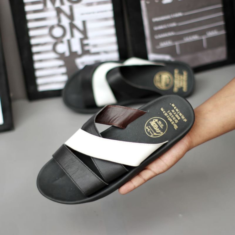 CEVANY POLET Black (KULIT ASLI) Sandal Pria Casual Original Kulit Sapi Kombinasi Warna