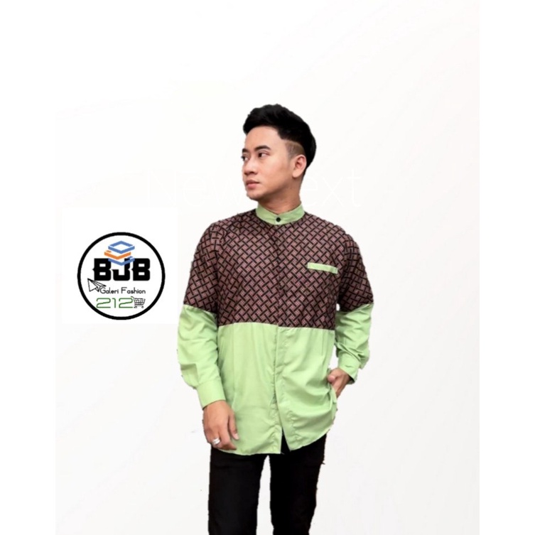 ( TERBARU ) Baju Koko Kurta Dewasa Lengan Panjang Pria Muslim Terbaru Kombinasi Batik WARNA SAGE