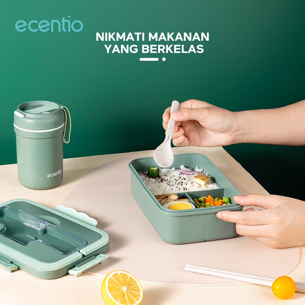 ecentio lunch box set 1000ml+300ml kotak makan anti tumpah Free Sendok Tempat Makan Cangkir Sup Set Anti Tumpah Kotak Makan 3 Grid Termos Sup