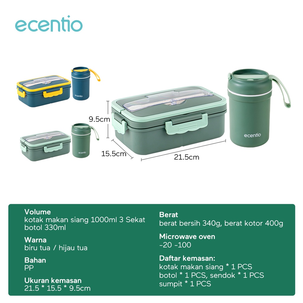 ecentio lunch box set 1000ml+300ml kotak makan anti tumpah Free Sendok Tempat Makan Cangkir Sup Set Anti Tumpah Kotak Makan 3 Grid Termos Sup