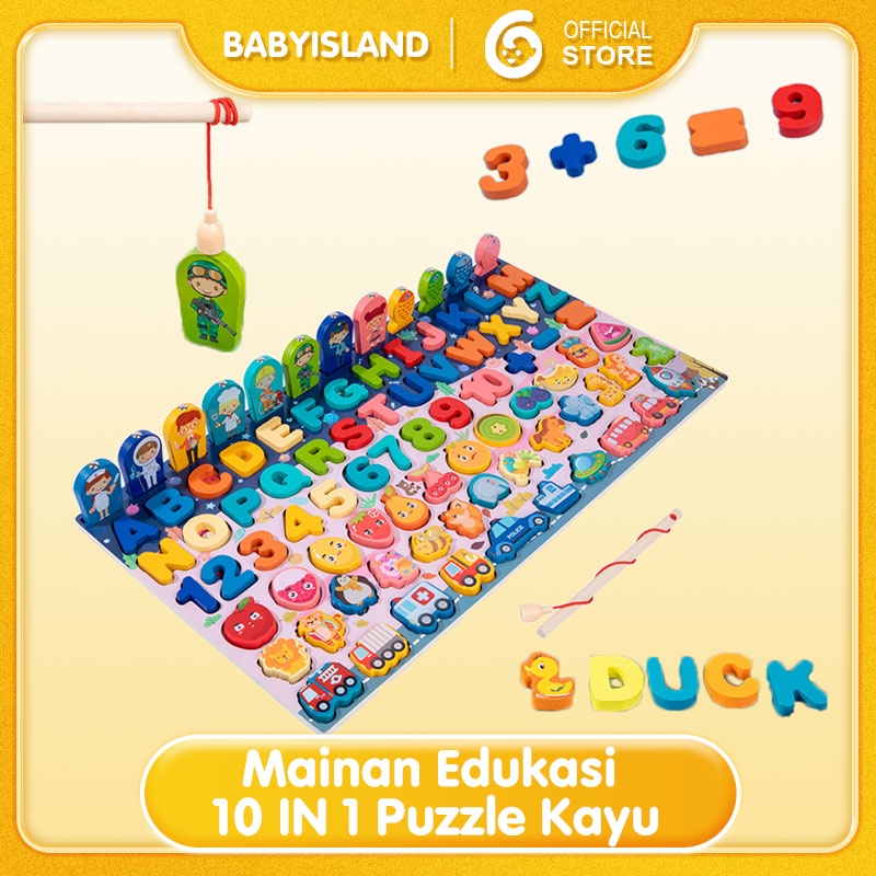 Mainan Edukasi 10 IN 1 Puzzle Kayu Anak Huruf dan Angka Pancing Ikan Montessori Wooden Toys