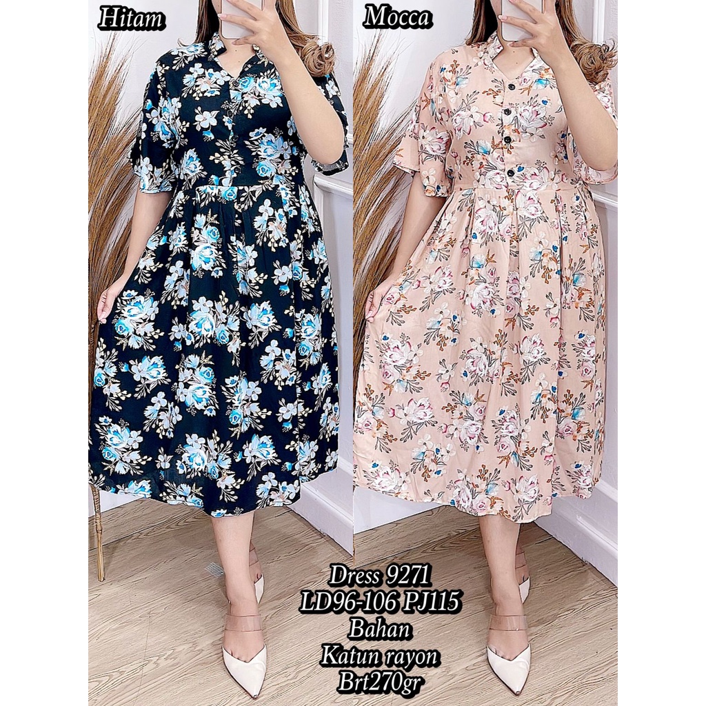 Dress 9271 Okky motif bunga-bunga dan kancing bahan katun rayon import