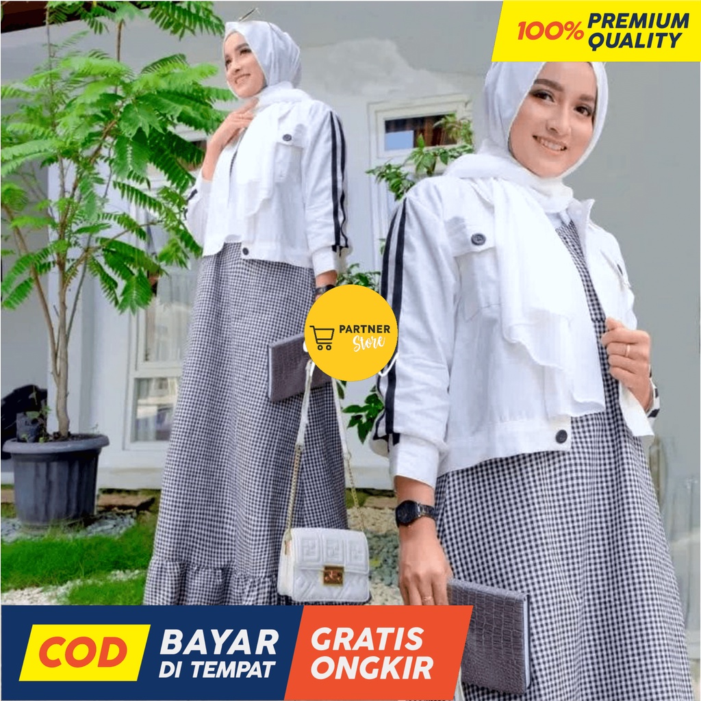 BAJU SETELAN WANITA KEKINIAN / SET LONG DRESS CARDI JUNKO 2IN1 KOTAK KATUN GAMIS HIJAB MUSLIM STELAN