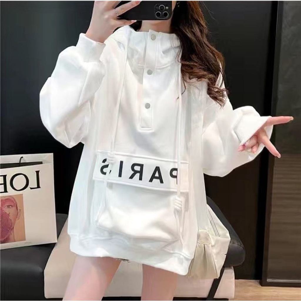 SWEATER HOODIE OVERSIZE | PARIS BIGSIZE POCKET SWEATER HOODIE KANCING WANITA KOREAN STYLE