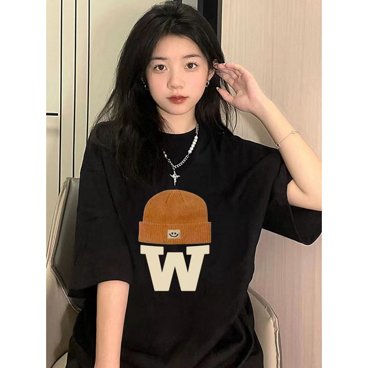 Korean Style Oversize Cartoon Letter Kaos Hitam Atasan Wanita Lengan Pendek Oversize Printed T-shirt