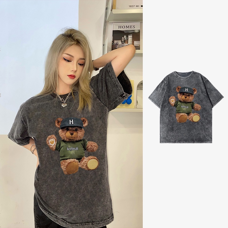 Korean style Oversize Atasan Kaos Lengan Pendek Cute Bear Cartoon Wanita kaos atasan wanita/american vintage print kaos