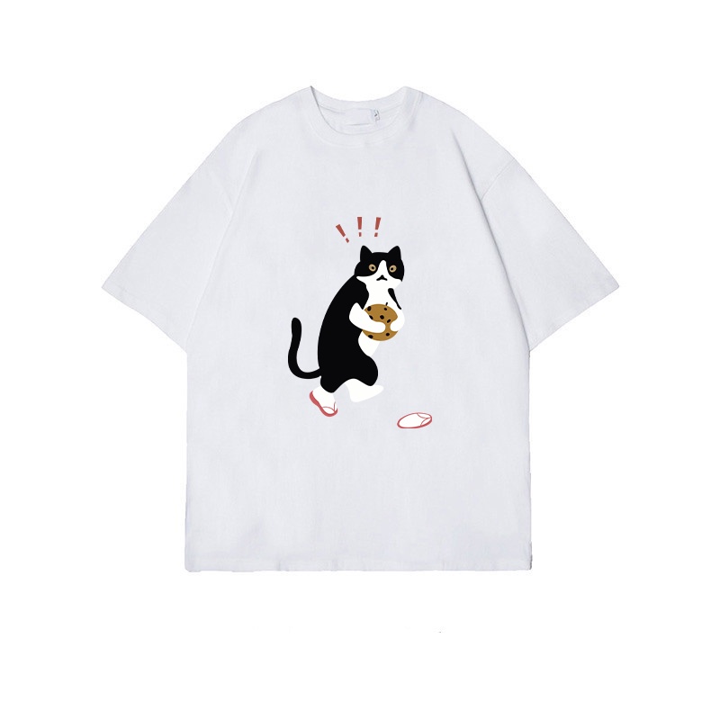 XIAOZHAINV Kaos Atasan Wanita Cat Lost Shoes Pattern Lengan Pendek A0295