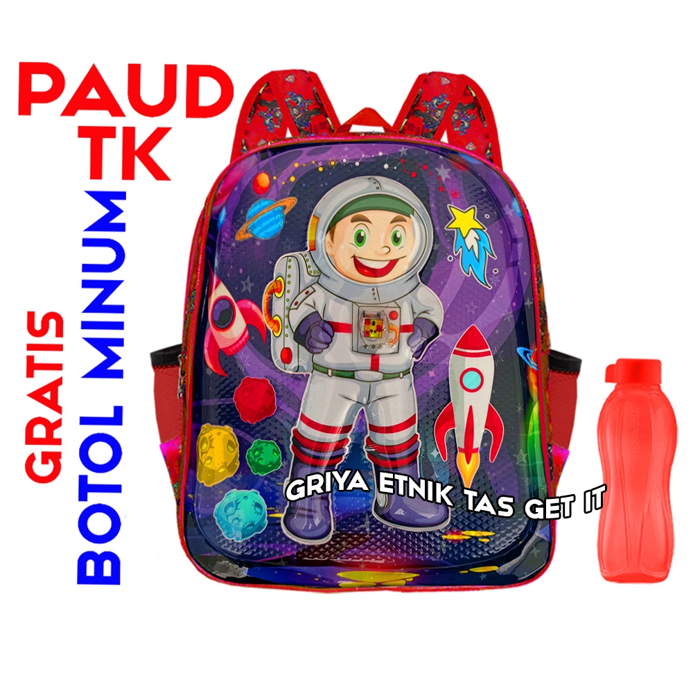 Tas Sekolah Anak Laki Laki TK Karakter Astronot NASA Lampu LED Ransel Gendong Kecil Cowok