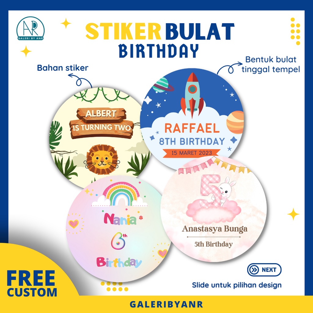 

D03 Stiker bulat ulang tahun anak custom | Stiker box bento bulat happy birthday sticker kemasan label toples stiker cutting bulat