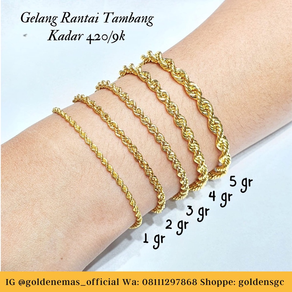 Gelang Tambang  x Rantai Lilit Gelang Dewasa Warna Kuning Emas Asli kadar 420/9k dan  375/8k