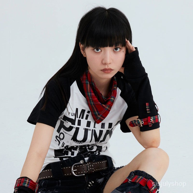 [✅BISA COD] #Sisjuly# Atasan Y2K Wanita / Gadis Mawar Hitam dan Putih Lengan Pendek Disambung / Kaos