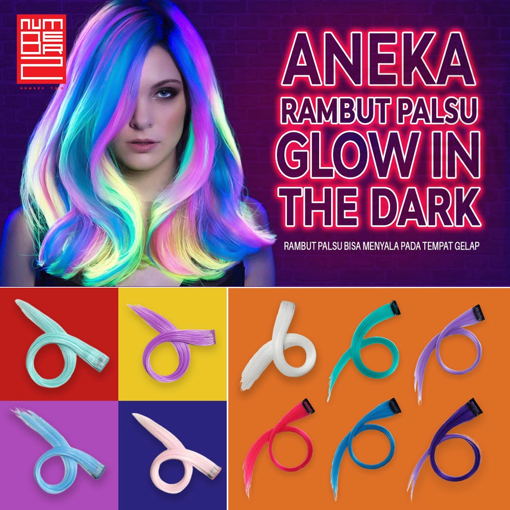 Rambut palsu hair clip glow in the dark panjang pendek sambung wanita untuk anak cewek remaja dewasa perempuan extension warna warni rainbow yang cantik