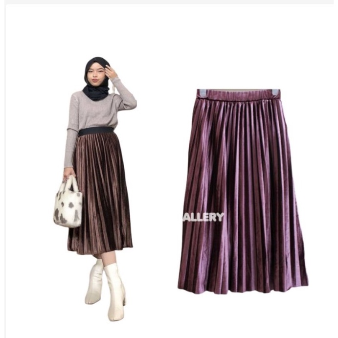 Rok 7 per 8 Wanita Dewasa Import Plisket Velvet Bludru 7/8 Premium Glossy Tebal Ori Midi Skirt Korea