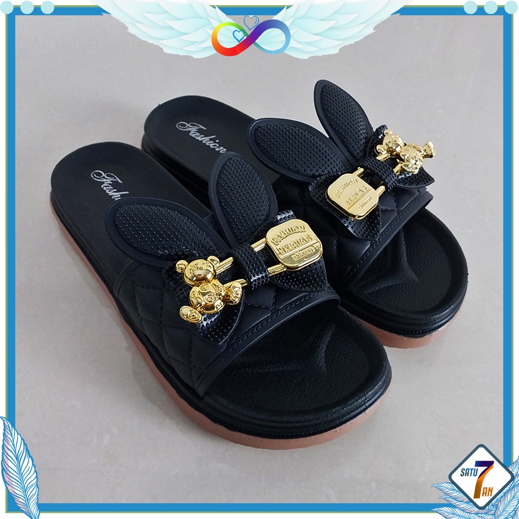 Sandal Slop Flat Sandal Wanita Slip On Motif Pita Kelinci Fashion Style Cewek Sandal Kasual Nyaman Empuk PVC Satu7an SPT-56