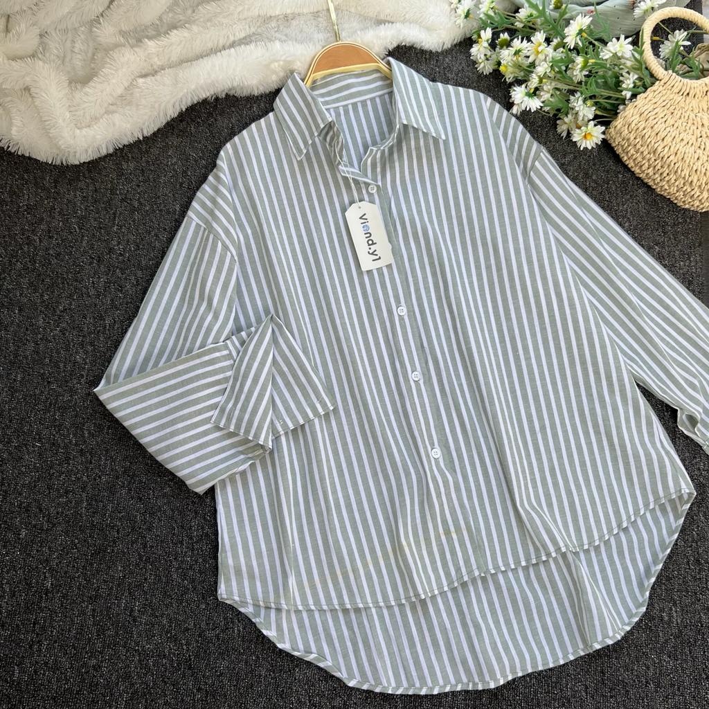 Kemeja Salur Wanita Oversize / Kemeja Korea Salur / Atasan Korean Style