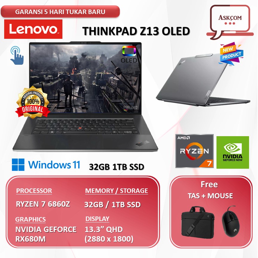 Laptop Lenovo Thinkpad Z13 Oled Touch RYZEN 7 PRO 6860Z 32GB 1TB SSD RX680M W11PRO 13.3QHD 2.8K