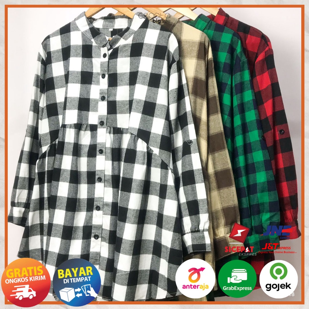 Ezpata Blouse Flanel Jumbo Wanita Kotak-kotak LD 130cm Lengan Panjang Busui Wudhu Friendly Premium Termurah