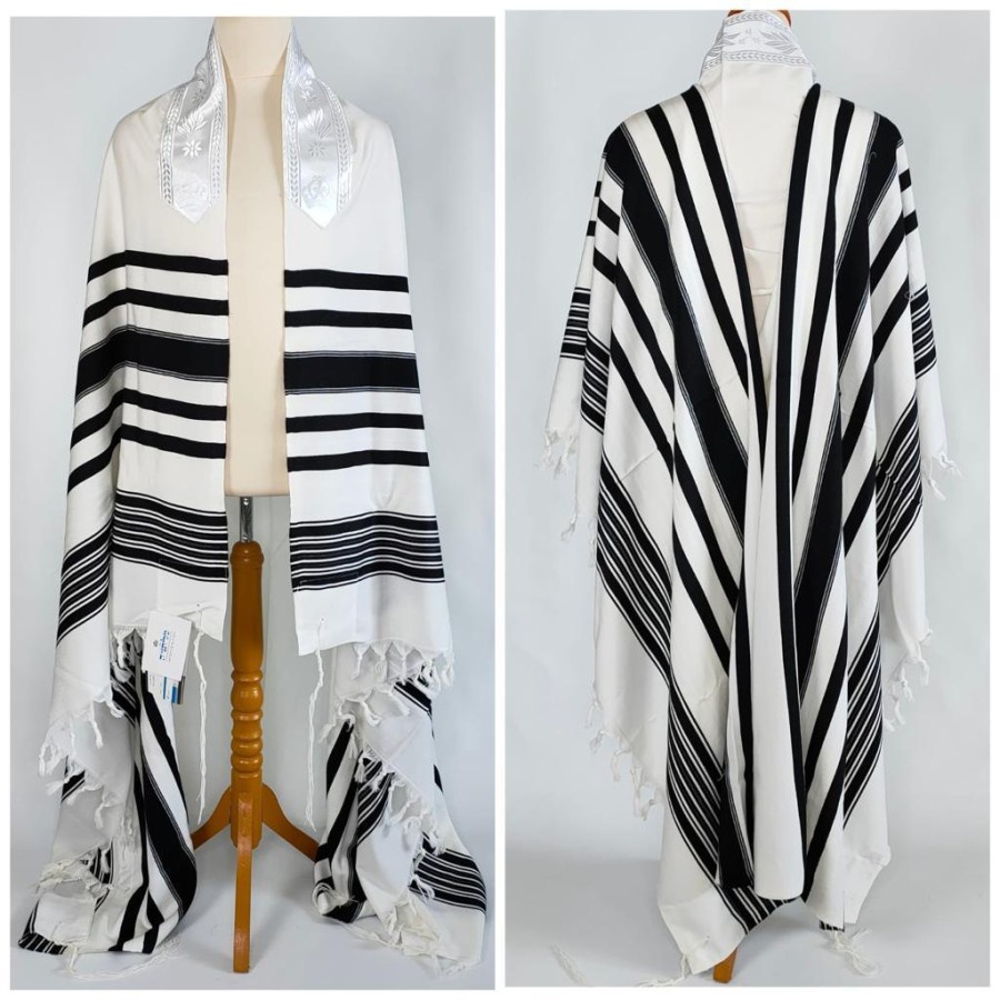 Selendang Doa PRIMA WHITE-BLACK Wool Tallit Gadol 160x210cm by Israel (Kosher)