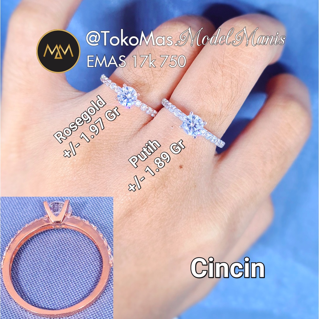 Cincin solitaire diamond looks emas putih rosegold 750 kadar 17k