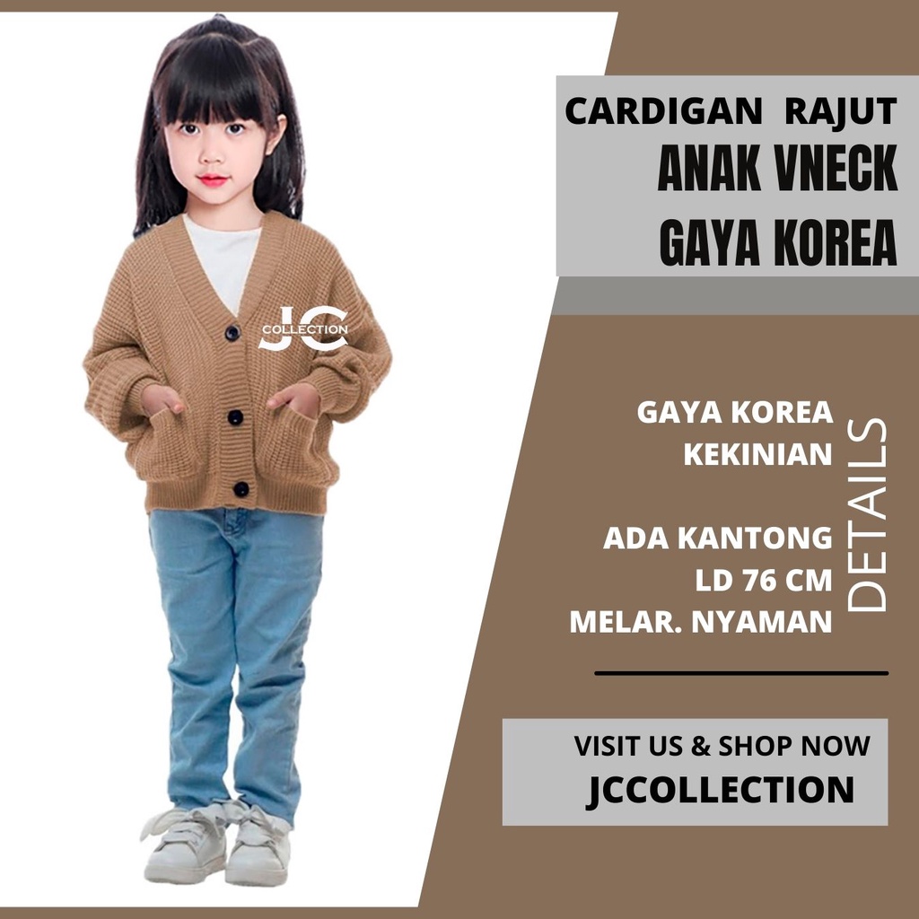 Cardigan Rajut Anak Perempuan Umur 2 Tahun - 9 Tahun Leher V Cherry / Kardigan Anak Remaja Kantong JCCollections