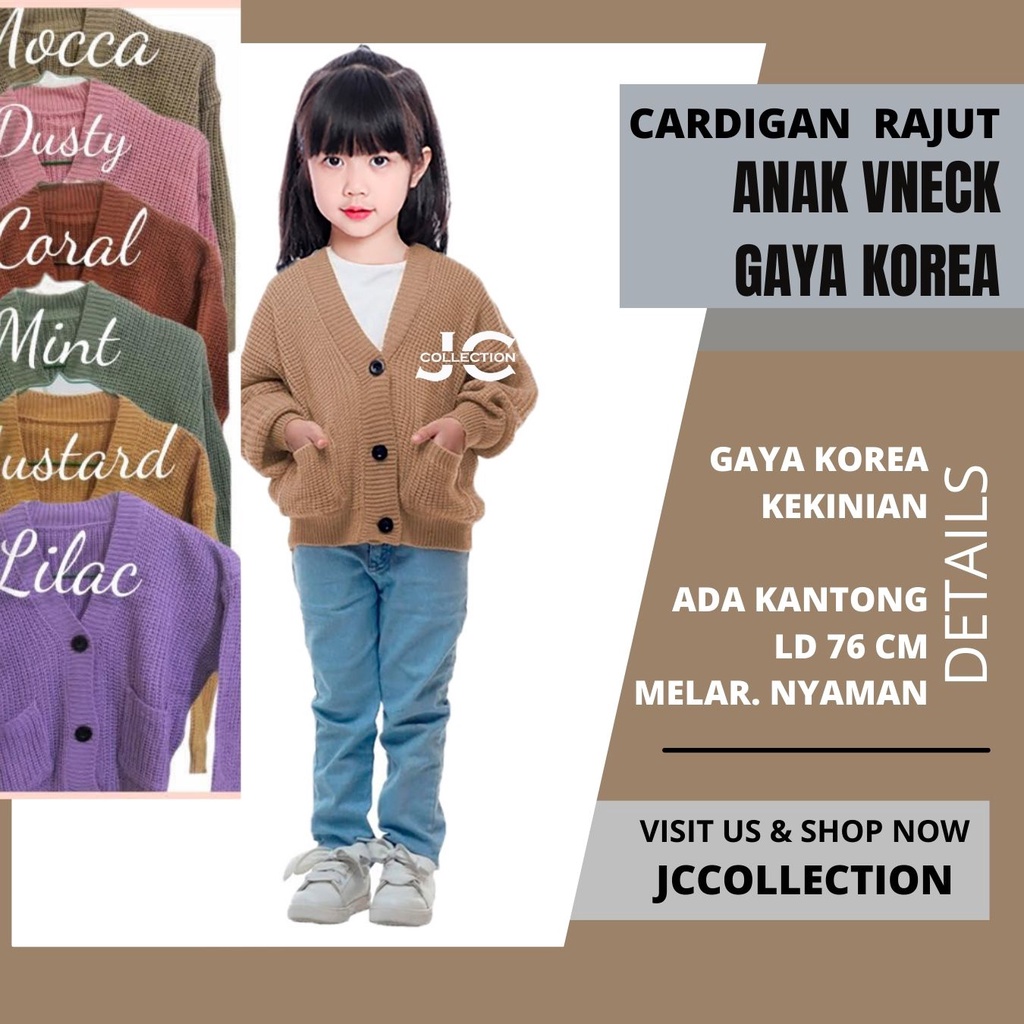 Cardigan Rajut Anak Perempuan Umur 2 Tahun - 9 Tahun Leher V Cherry / Kardigan Anak Remaja Kantong JCCollections