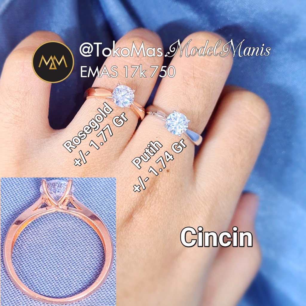 Cincin solitaire emas putih rosegold emas 750 kadar 17k