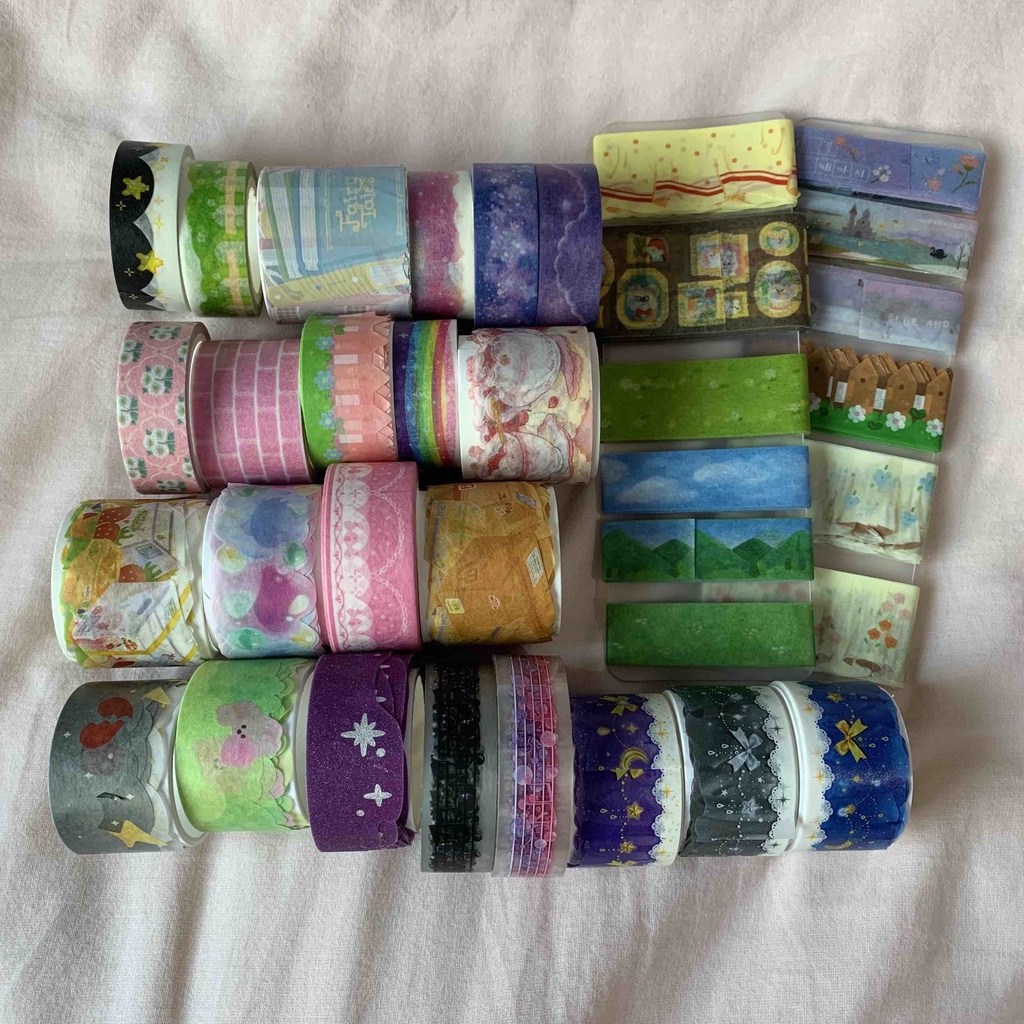 

Sharing sample washi (BUKAN 1 ROLL) musim, kongdung house, danpat, monthly moongu, cherry & night, ppanjj, jenny village, daiso per 1 meter
