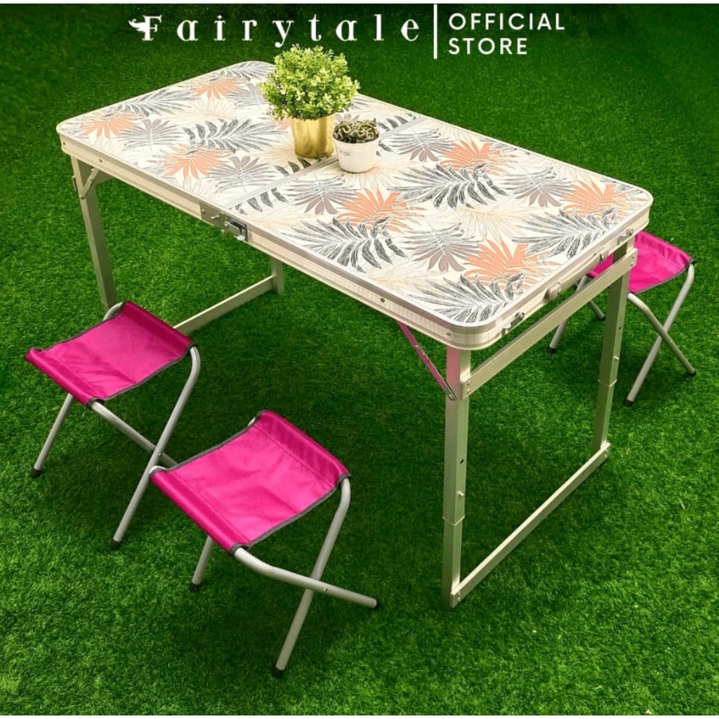 Meja Lipat include 2 bangku / Meja Lipat Portable motif