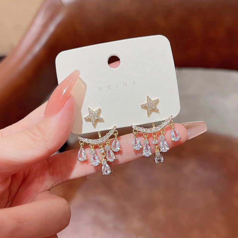 Kualitas Tinggi925 Perak Jarum Mewah Bintang Zirkon Rumbai Anting Wanita Belakang Gantung Earring