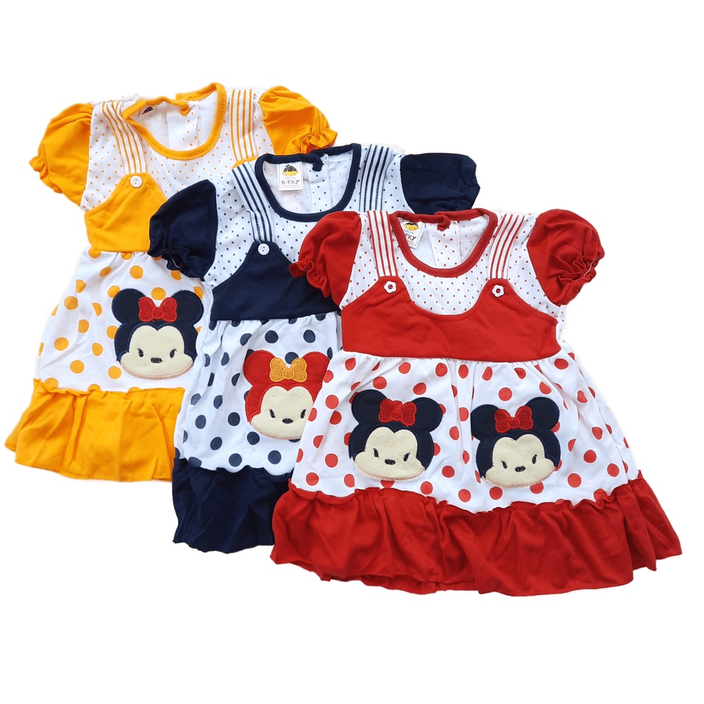 Pakaian Gaun Bayi Perempuan 6 18 Bulan Lucu Imut  bordir Mickey Leher Oblong Dress Harian Anak Cewek