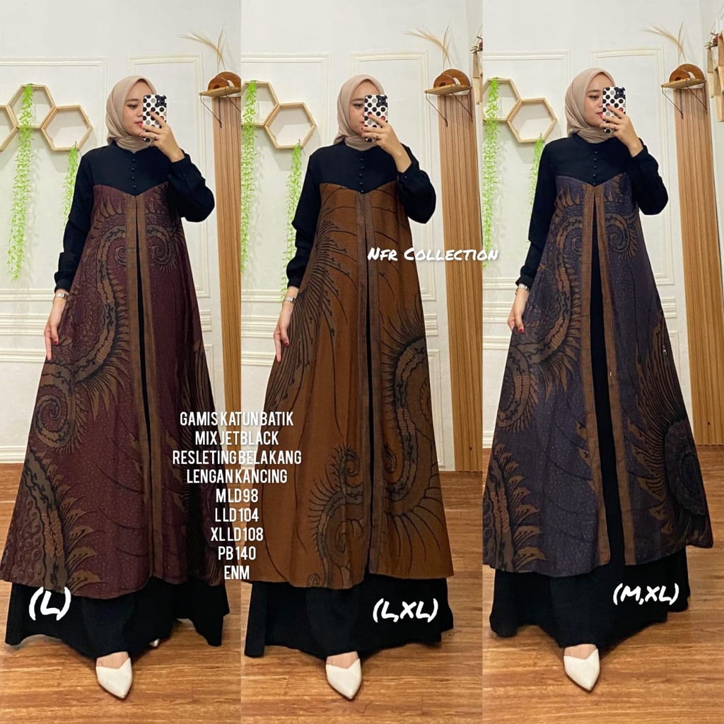 gamis batik lidya kombinasi jetblack M ld 98 L ld 104 XL ld 108 pb 140 jumbo 3L ld 112 4L ld 116 5L 