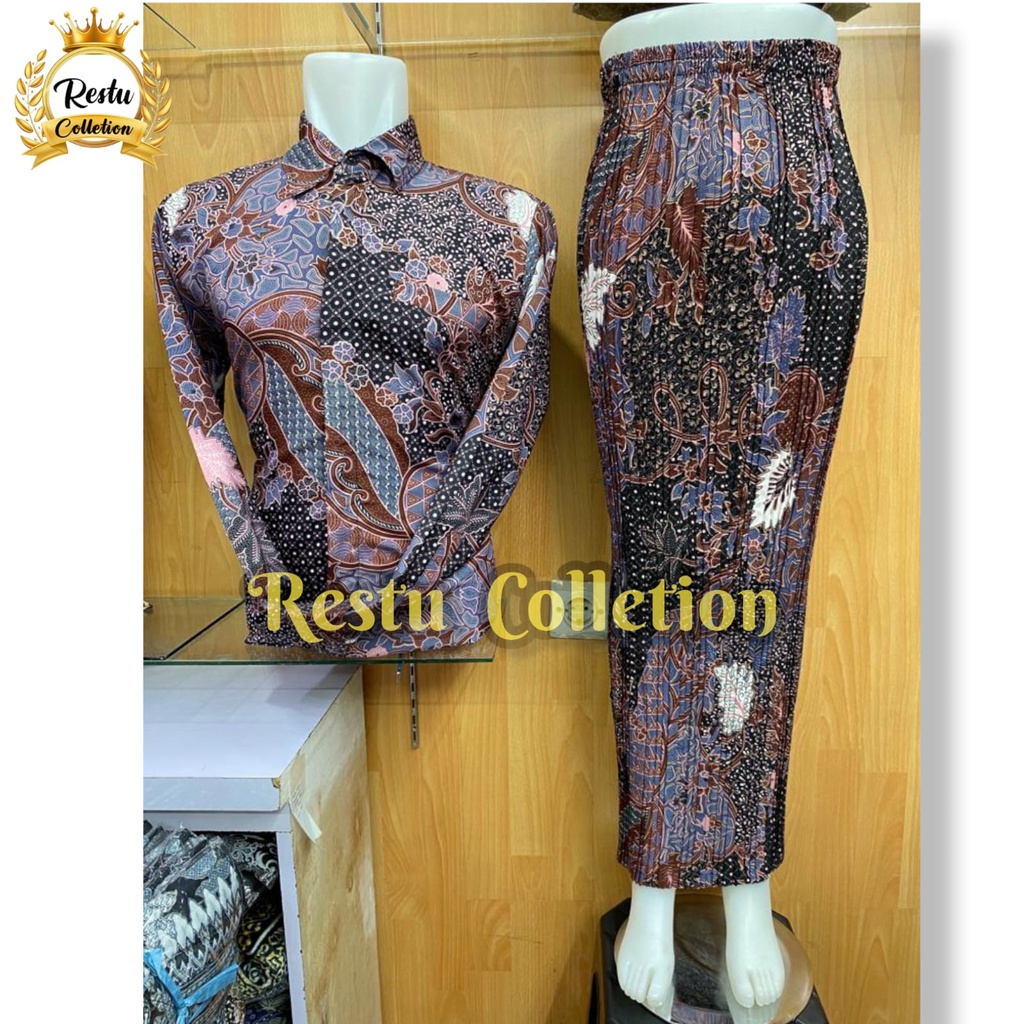 {COD} Restu Colletion Stelan Couple Kemeja Lengan Panjang  Pria Dan Rok Plisket Wanita Motif Aurel Dusty Batik Cocok Untuk Acara Nikahan Kondangan Tunangan Wisuda Bawahan Kebaya Kantoran Perpisahan / Acara Besar Lainnya Bahan Premium Bestseller