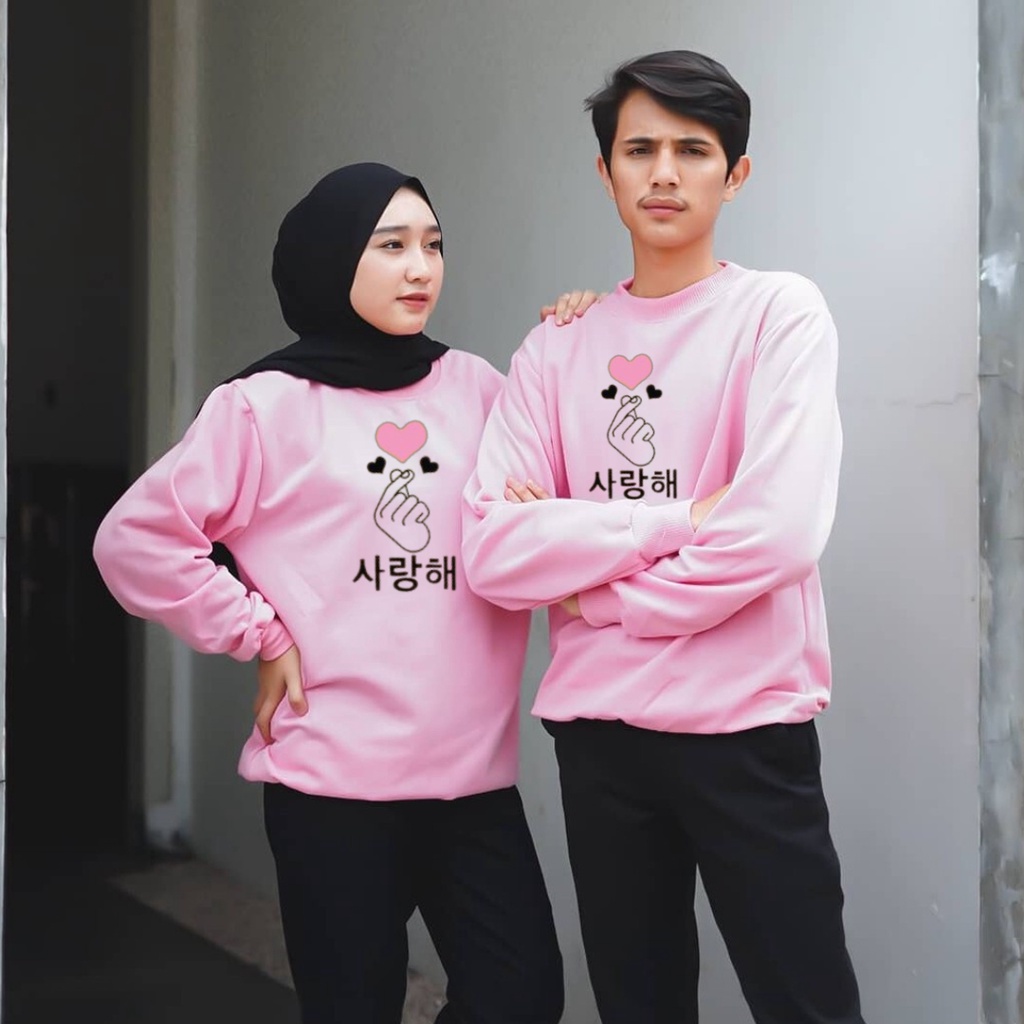 Baju lengan panjang couple saranghaeyo / baju distro trendy / baju terlaris / baju kekinian / harga sudah termasuk 2pcs